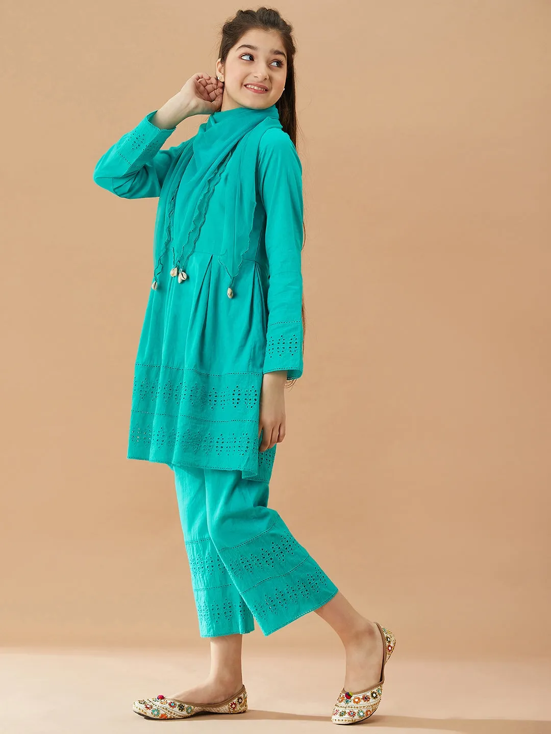 Girls Self Design Pure Cotton Tunic with Trousers (IW-TEALSCHIFFILY)