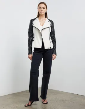 Greenwich St Motor Jacket in Chalk White Wool & Black Leather