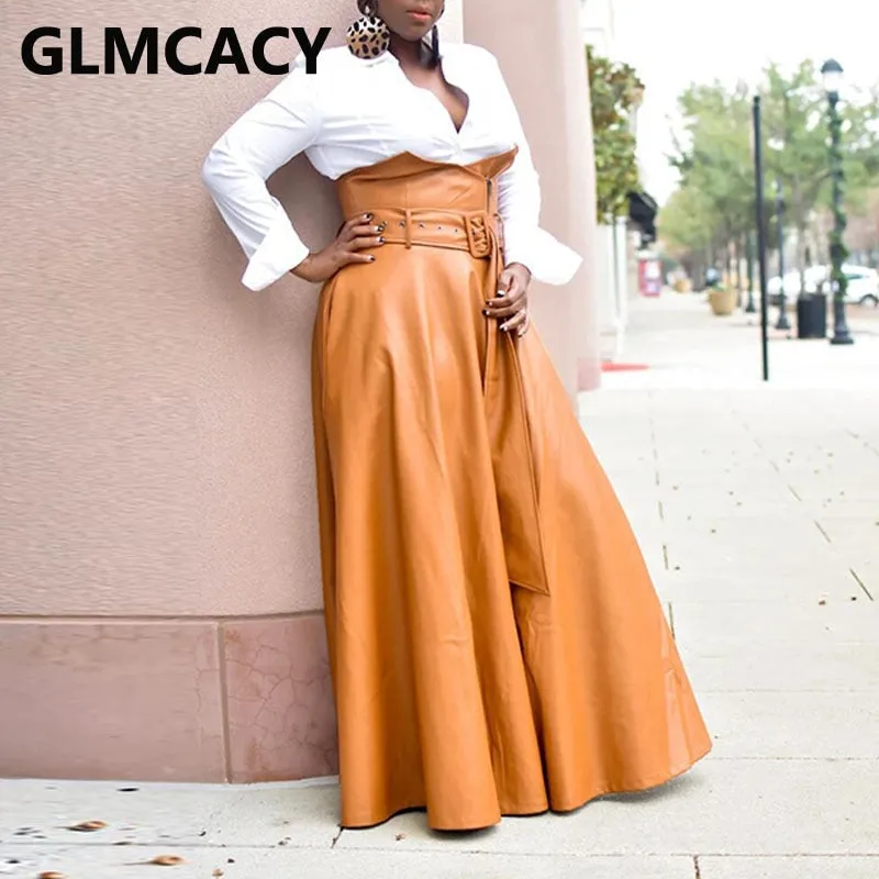 High Waist Buckle Belted Leather Elegant Maxi Skirt