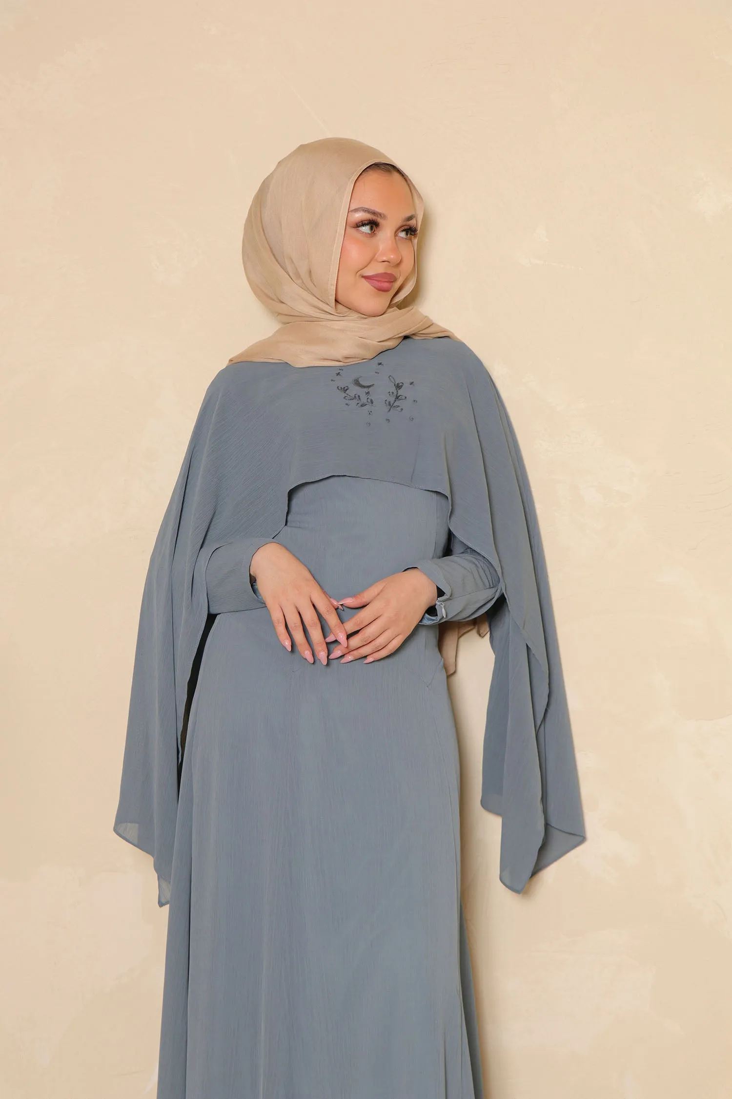 Hilal Embroidery Drape Dress - Stormy Blue