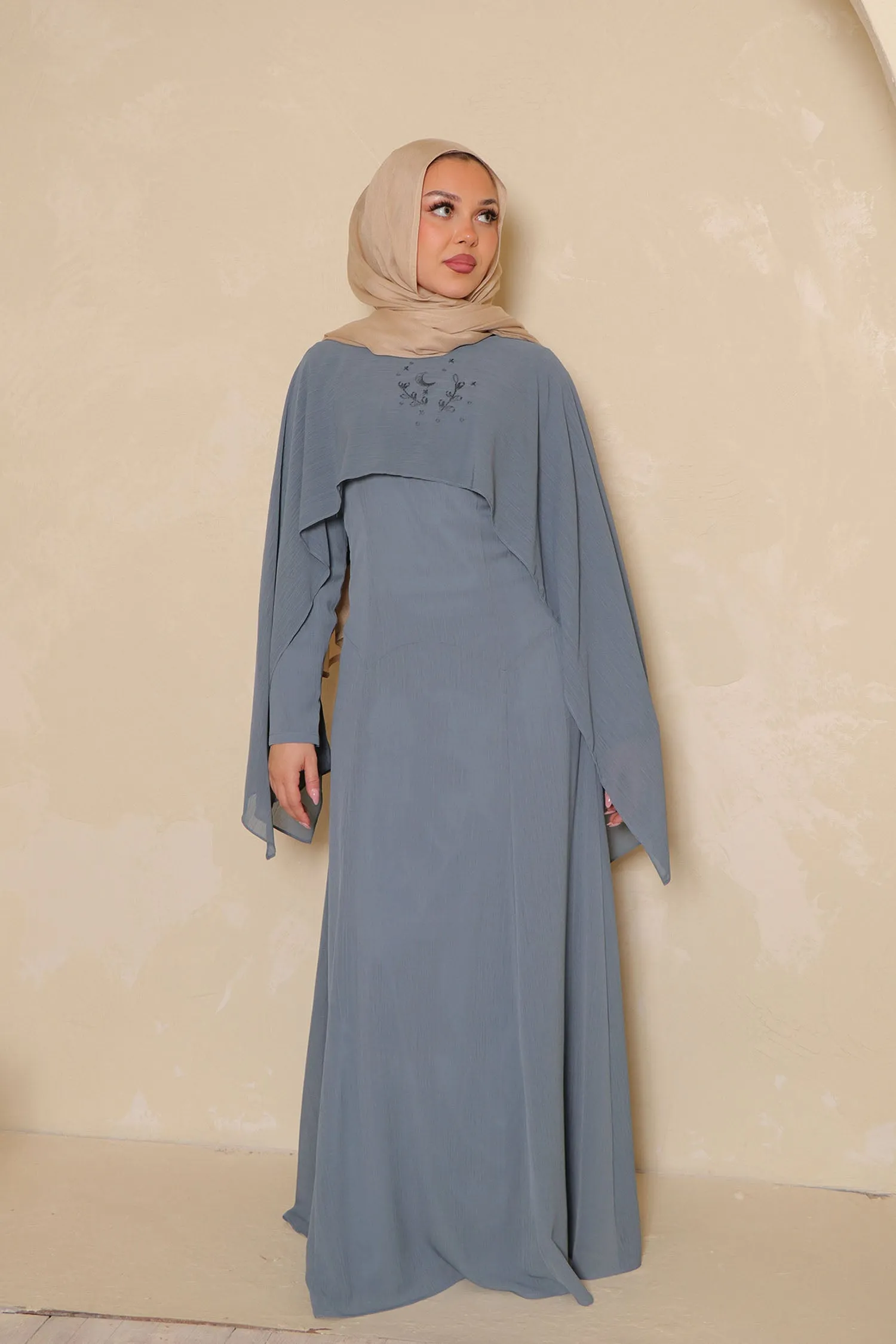 Hilal Embroidery Drape Dress - Stormy Blue