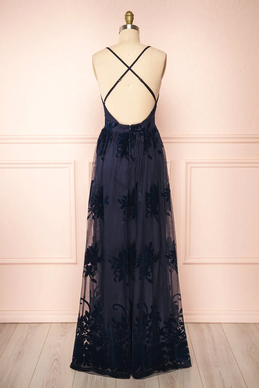 Kailania Navy | Plunging Neckline Mesh Maxi Gown