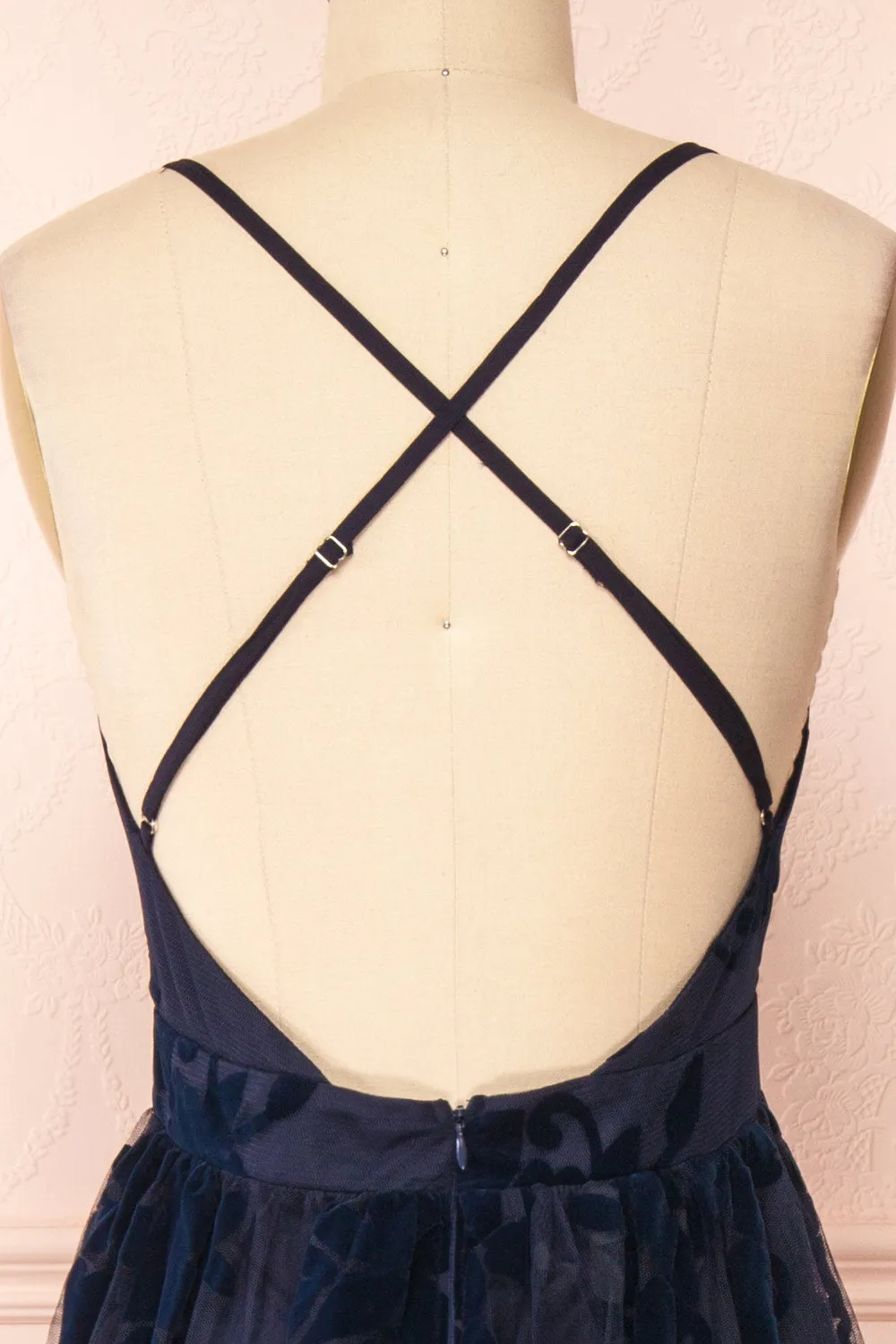 Kailania Navy | Plunging Neckline Mesh Maxi Gown