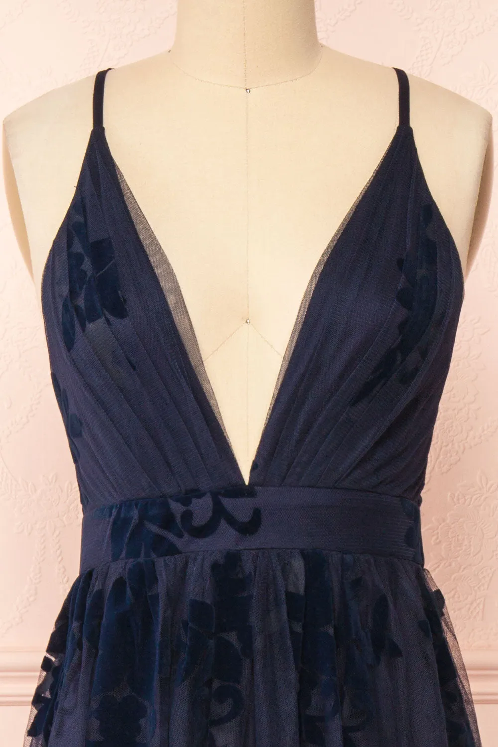 Kailania Navy | Plunging Neckline Mesh Maxi Gown