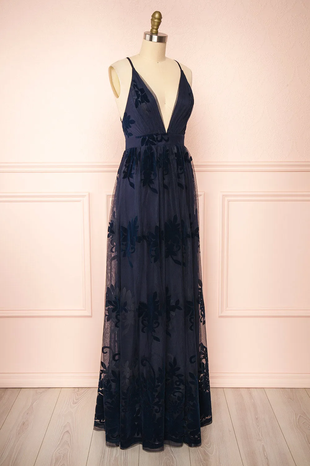 Kailania Navy | Plunging Neckline Mesh Maxi Gown