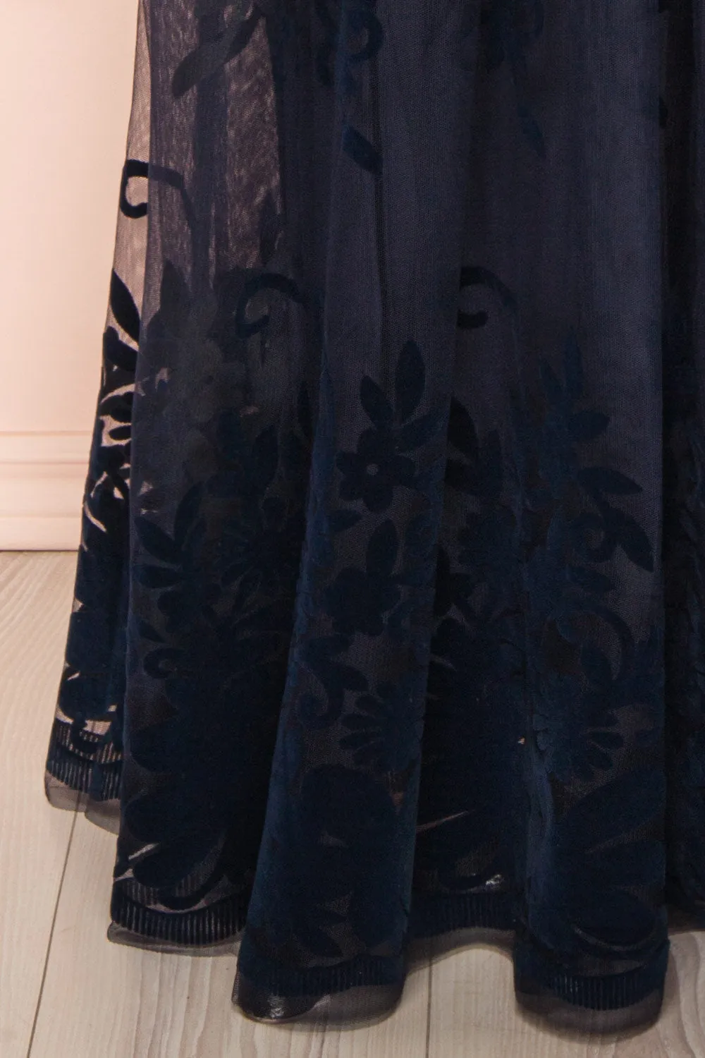 Kailania Navy | Plunging Neckline Mesh Maxi Gown