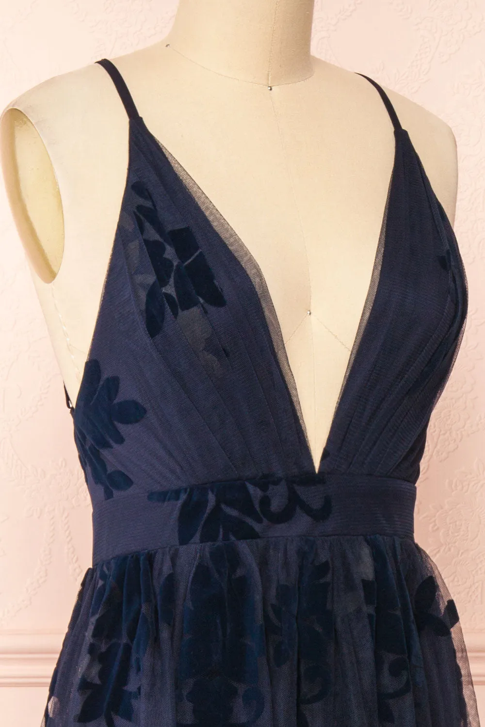 Kailania Navy | Plunging Neckline Mesh Maxi Gown