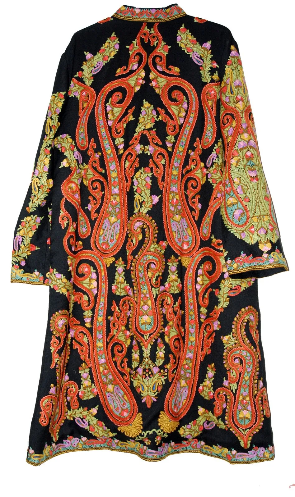 Kashmiri Woolen Coat Black, Multicolor Embroidery #AO-1602