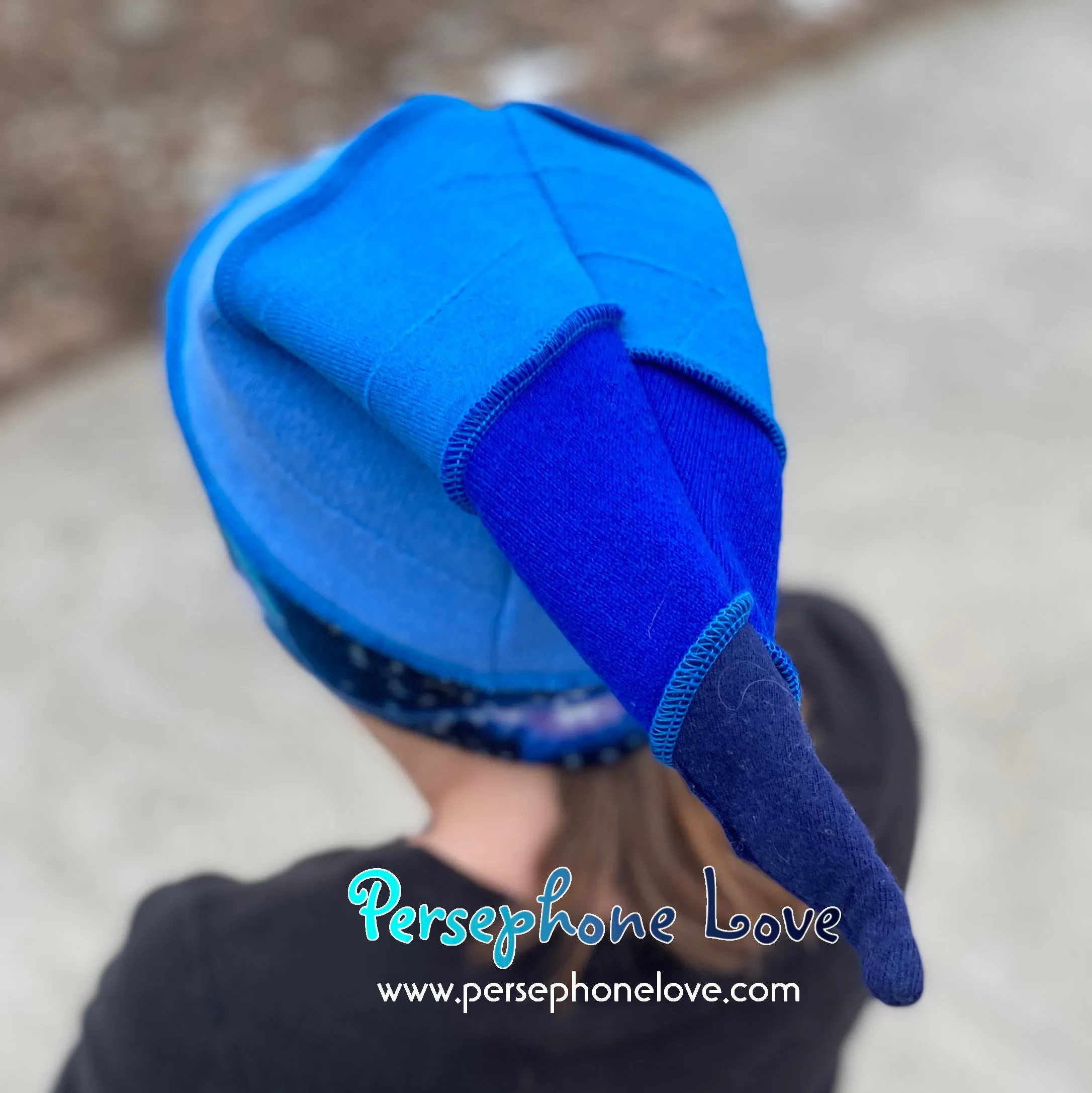 Katwise-inspired blue felted galaxy pixie recycled patchwork sweater elf hat-1384