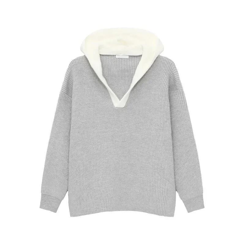 Korean Style Men's Sweaters Loose Hooded Contrast Color Knitted Casual Pullover Tops Autumn Clothing Stylish 9C7032