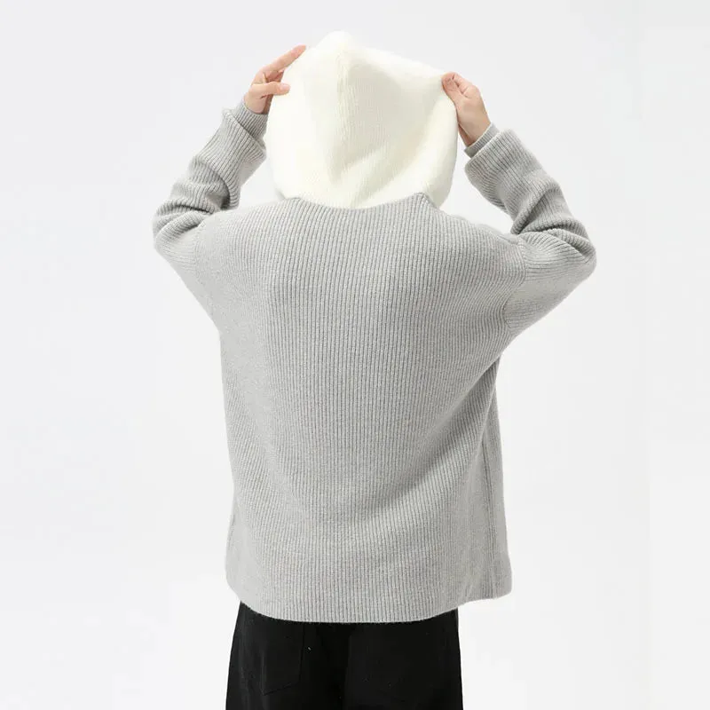 Korean Style Men's Sweaters Loose Hooded Contrast Color Knitted Casual Pullover Tops Autumn Clothing Stylish 9C7032