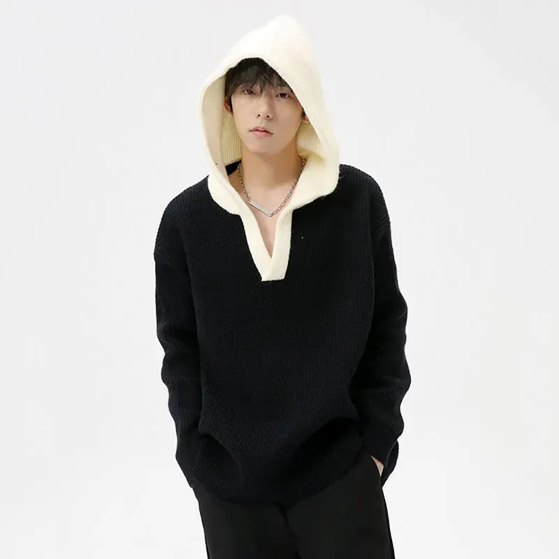 Korean Style Men's Sweaters Loose Hooded Contrast Color Knitted Casual Pullover Tops Autumn Clothing Stylish 9C7032