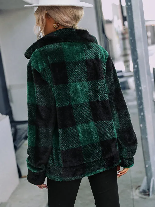 Long Sleeve Stand Collar Plaid Zipper Double-Sided Plush Jacket