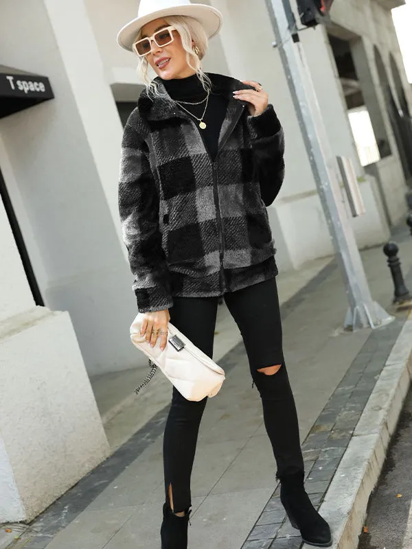 Long Sleeve Stand Collar Plaid Zipper Double-Sided Plush Jacket