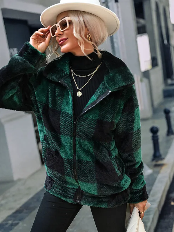 Long Sleeve Stand Collar Plaid Zipper Double-Sided Plush Jacket