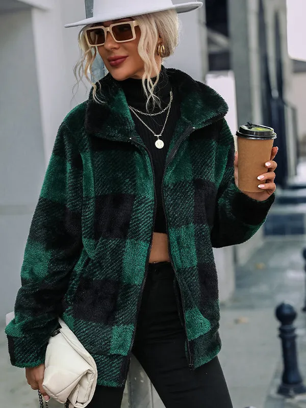 Long Sleeve Stand Collar Plaid Zipper Double-Sided Plush Jacket