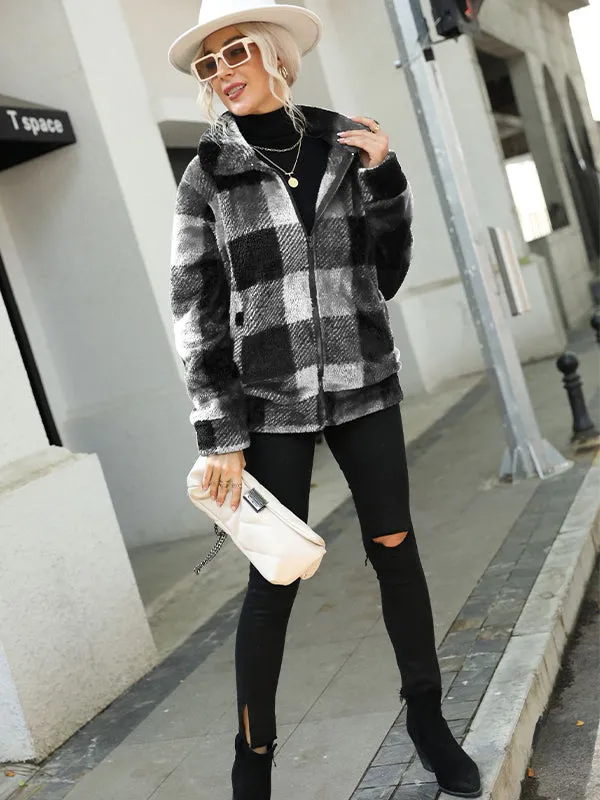 Long Sleeve Stand Collar Plaid Zipper Double-Sided Plush Jacket