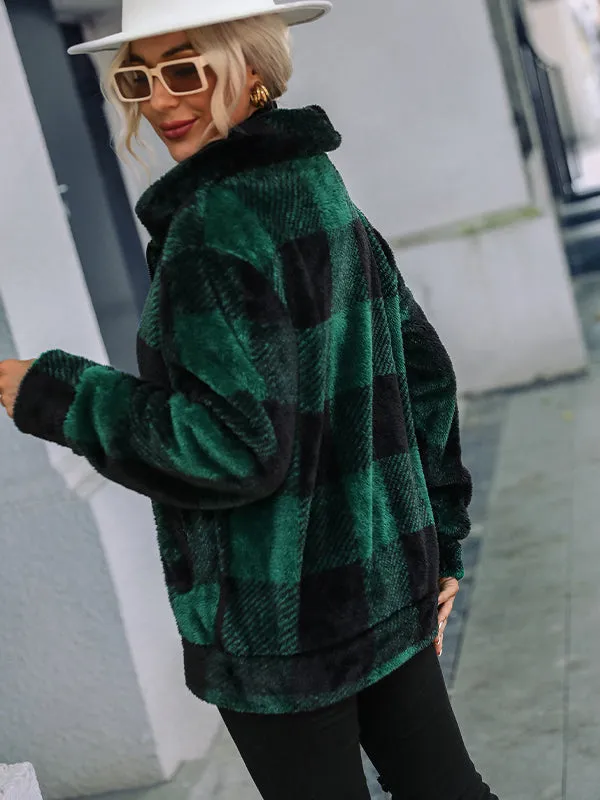 Long Sleeve Stand Collar Plaid Zipper Double-Sided Plush Jacket