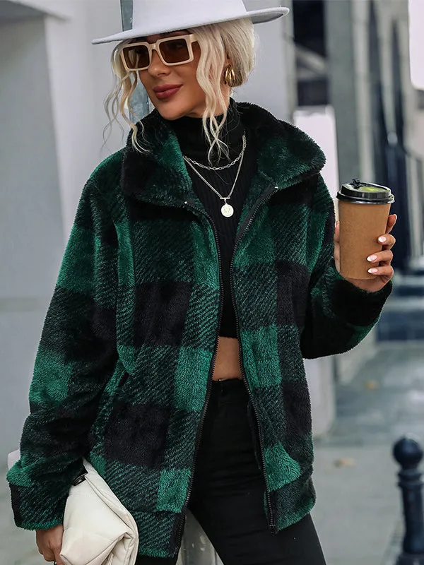 Long Sleeve Stand Collar Plaid Zipper Double-Sided Plush Jacket