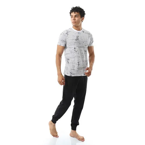 Men's Summer Pajama Set, Light Graphic T-Shirt and Black Joggers, Comfortable Sleepwear