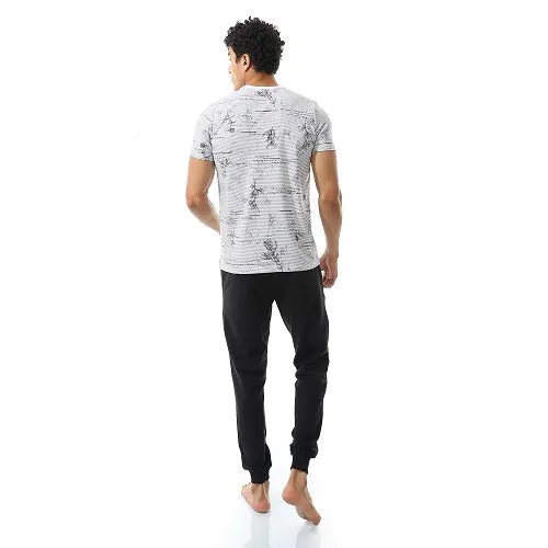 Men's Summer Pajama Set, Light Graphic T-Shirt and Black Joggers, Comfortable Sleepwear