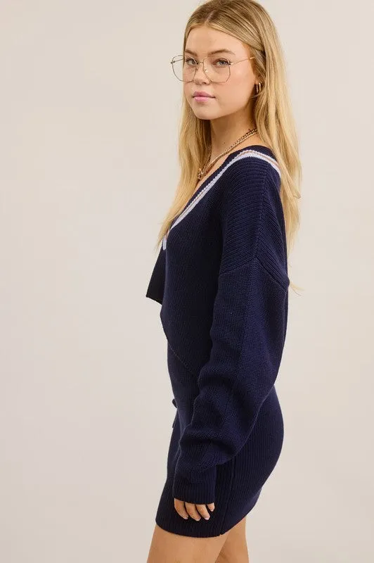 Navy Preppy Two-Piece Contrast Stripe Knit Set