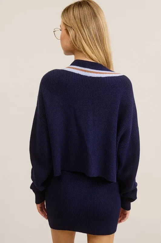 Navy Preppy Two-Piece Contrast Stripe Knit Set