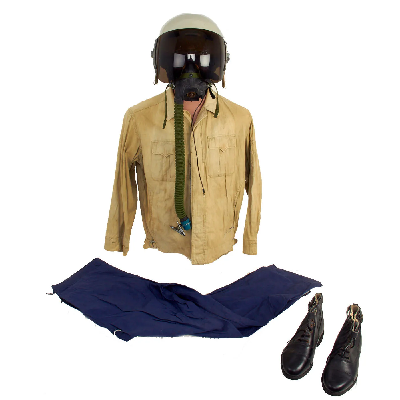 Original Vietnam War Vietnam People's Air Force Uniform Set With Helmet, Oxygen Mask, Boots and Photo - 7 Items
