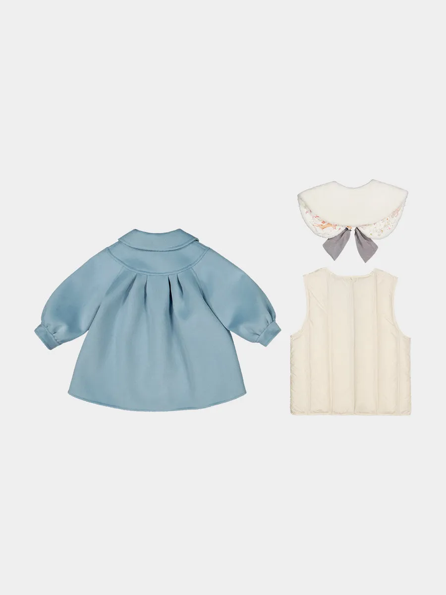 Pansy Wool Coat with Padded Down Jacket & Collar, Aqua Blue
