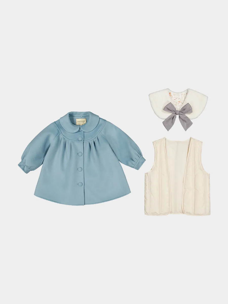 Pansy Wool Coat with Padded Down Jacket & Collar, Aqua Blue