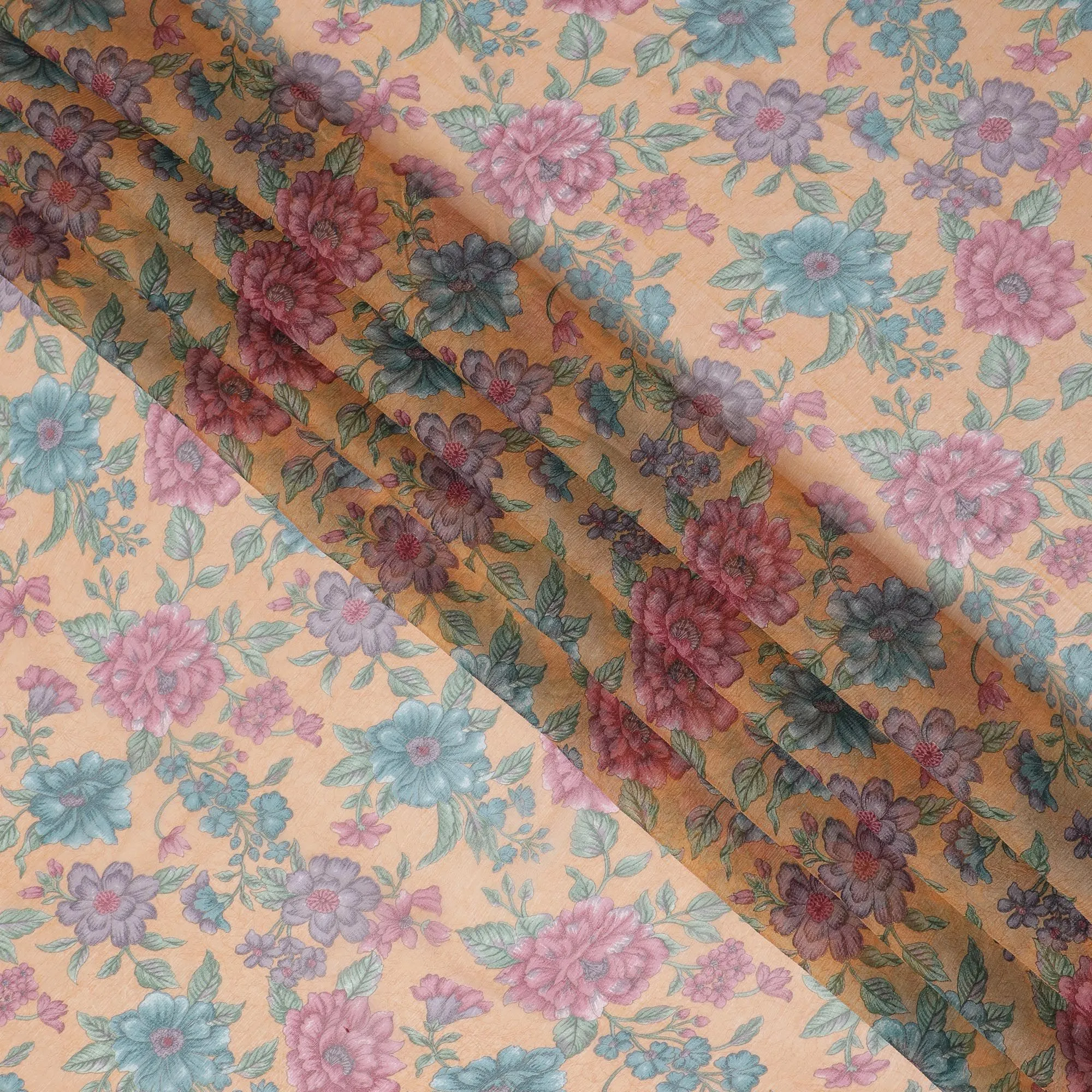 Peach Blossom Silk Chiffon Fabric - Vibrant Floral Print, 110cm Wide - Buy in Meters for Elegant Garments and DÃ©cor-D18168