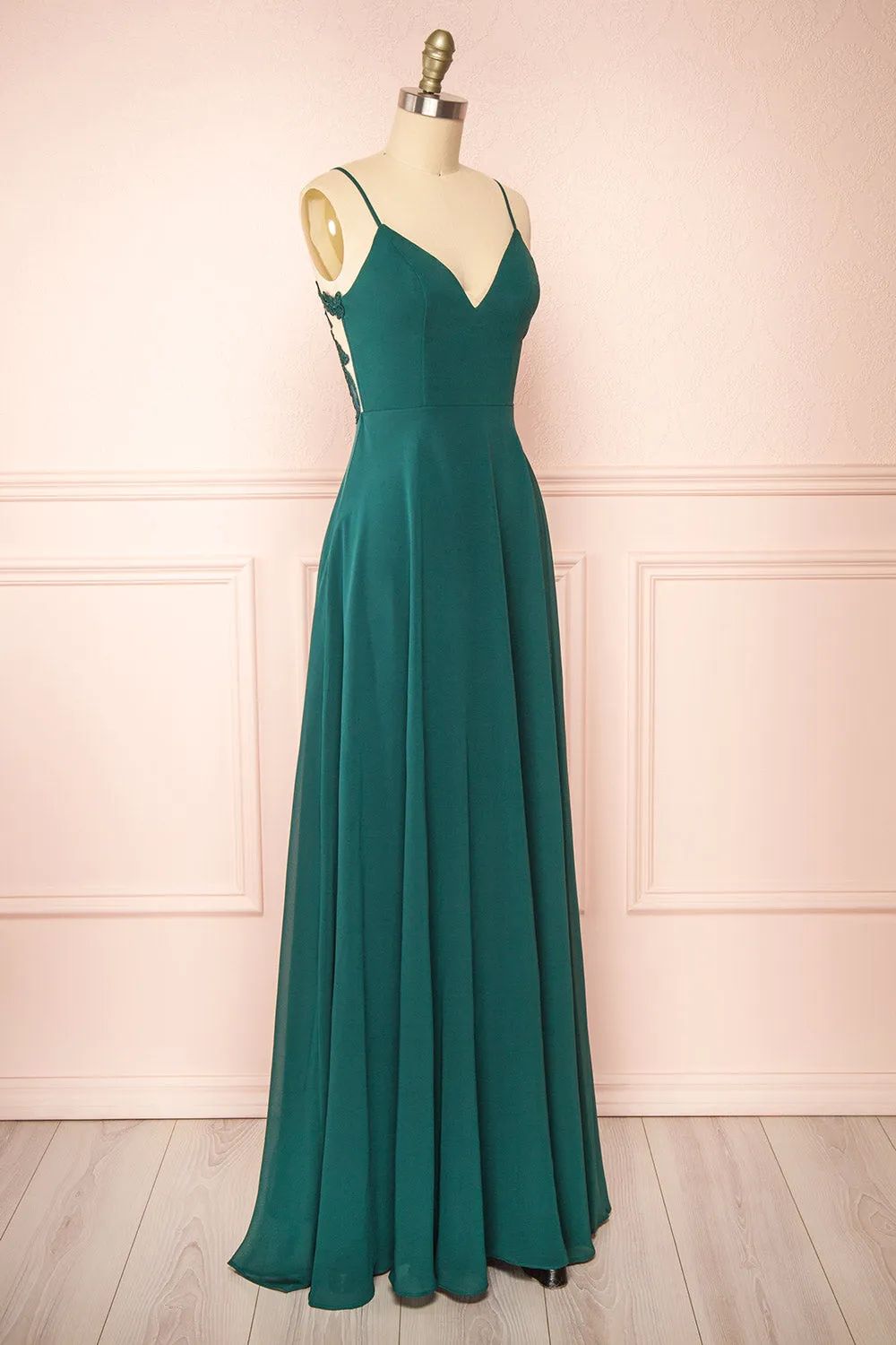 Peggie Emerald | Chiffon Maxi Dress w/ Back Embroidery
