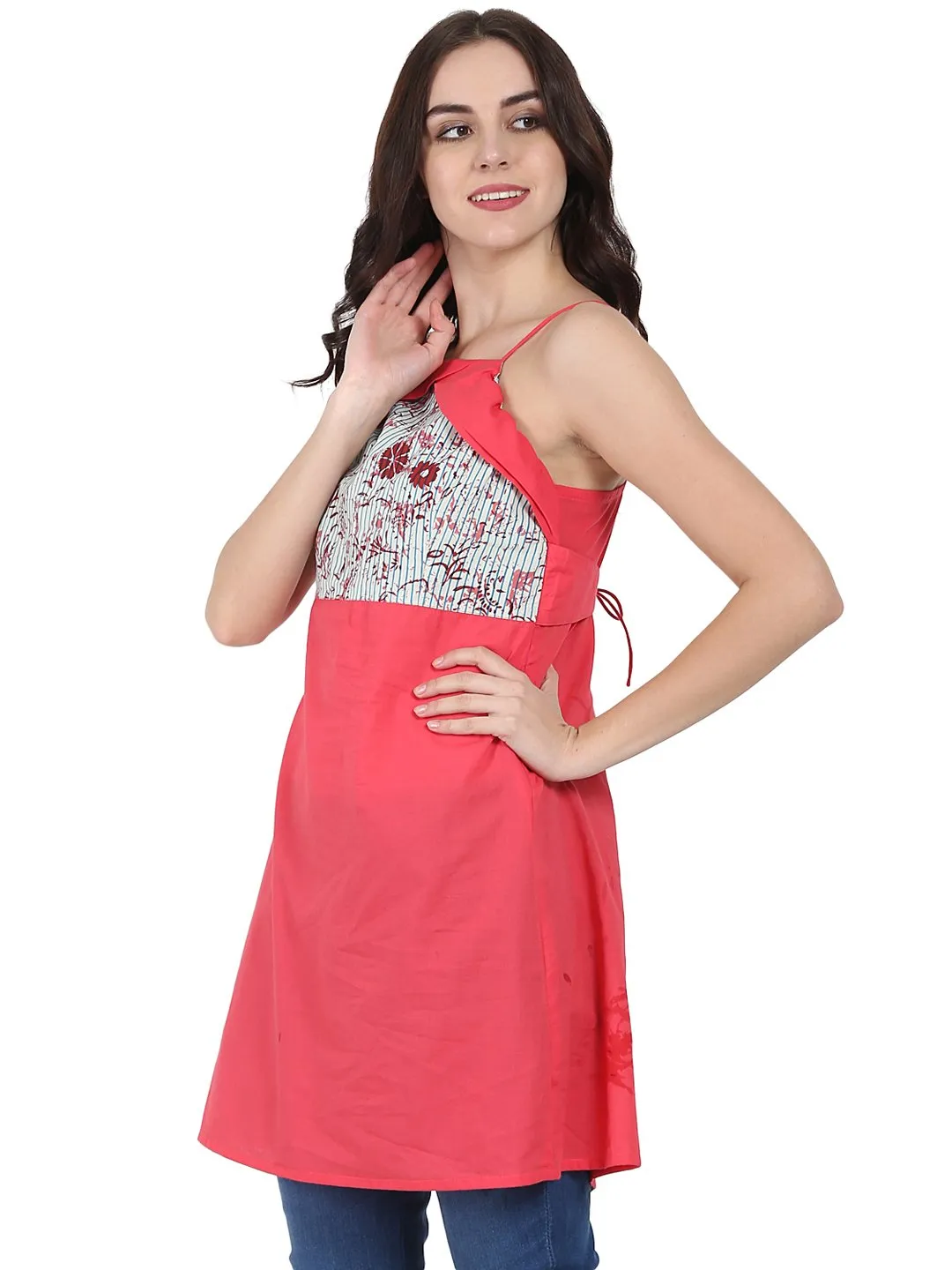 Pink Shoulder Strap Cotton Yoke Printed Tunic