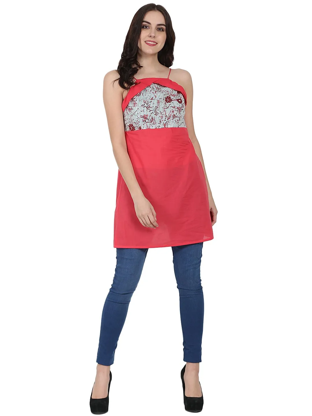 Pink Shoulder Strap Cotton Yoke Printed Tunic