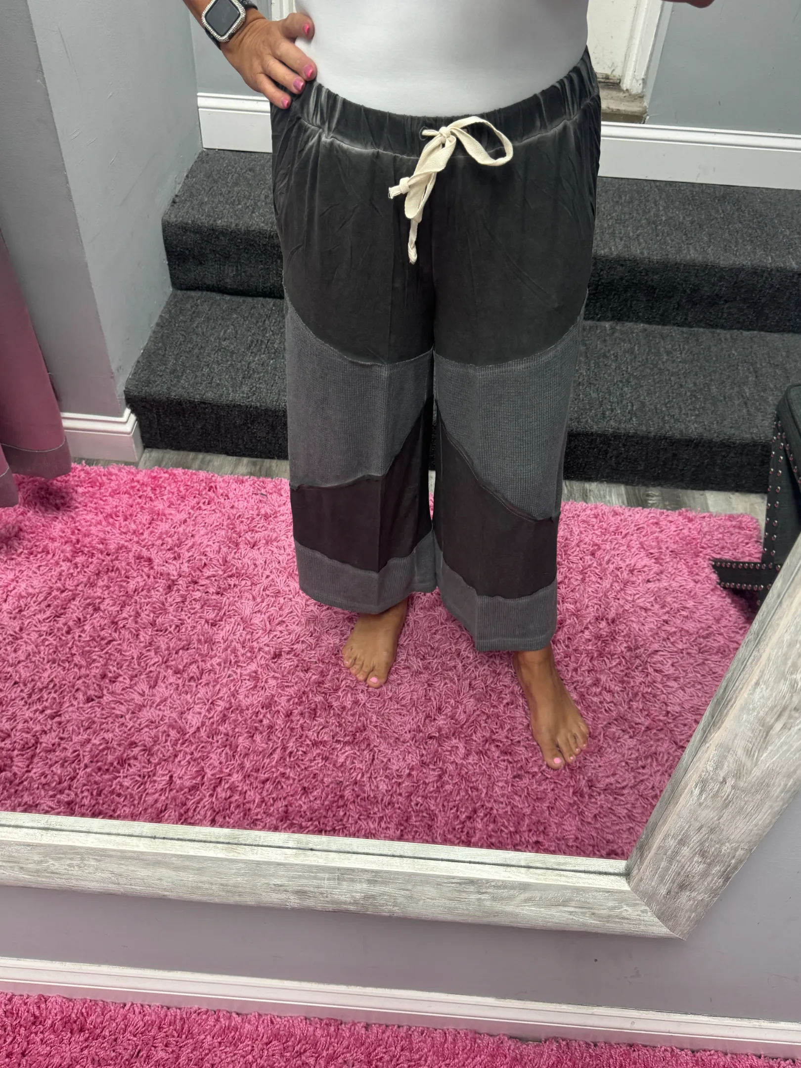 POL Contrast ribbed elastic waist knit culottes pants - Black