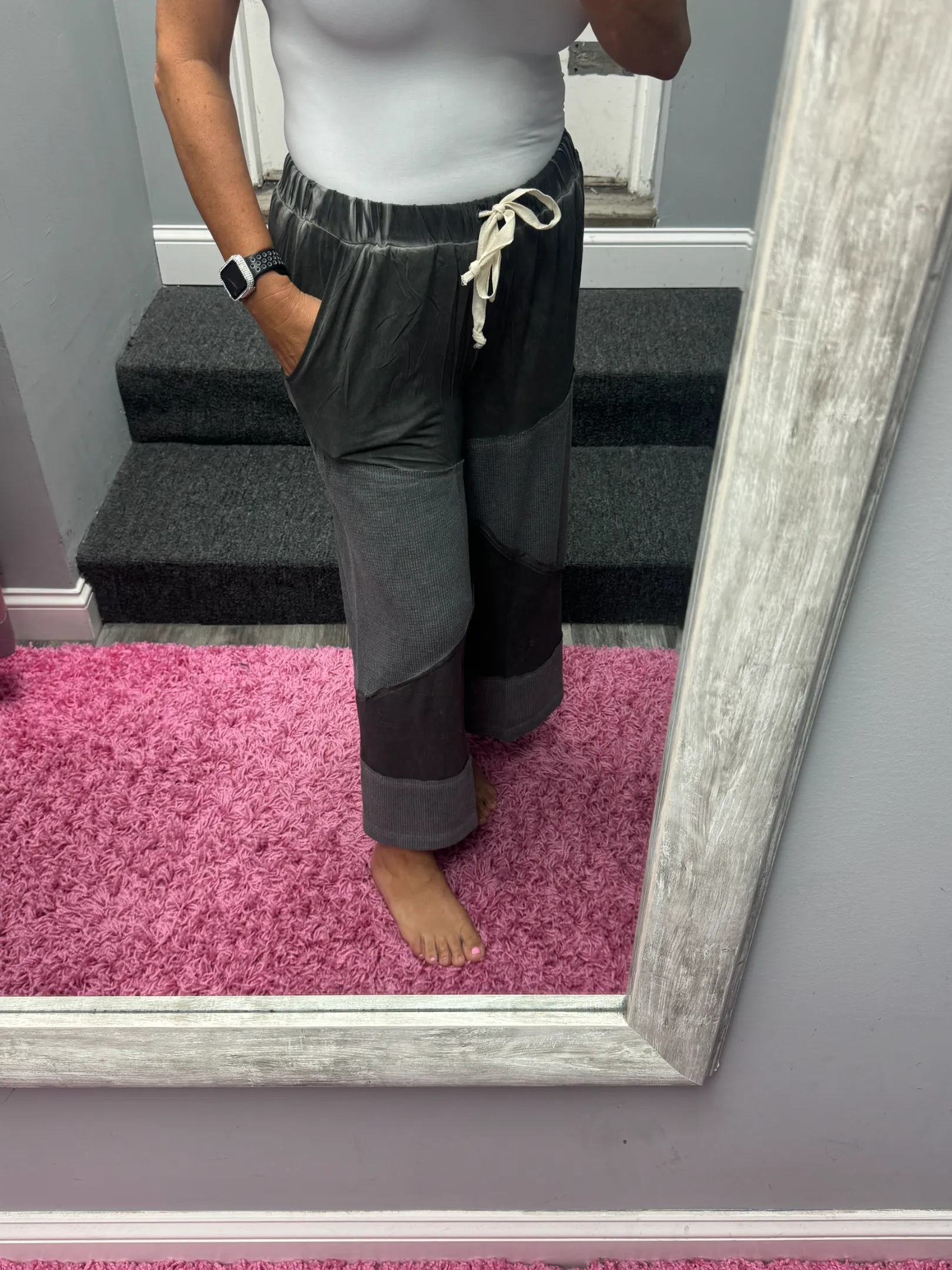 POL Contrast ribbed elastic waist knit culottes pants - Black