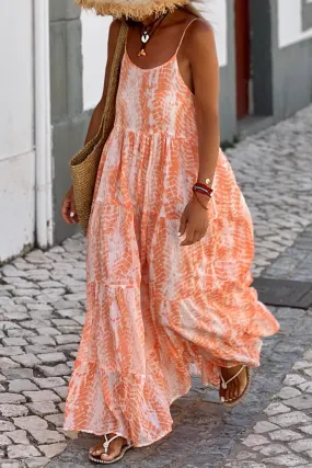 Retro Tie-Dye Sleeveless Spaghetti Strap Tiered Oversized Summer Maxi Dress