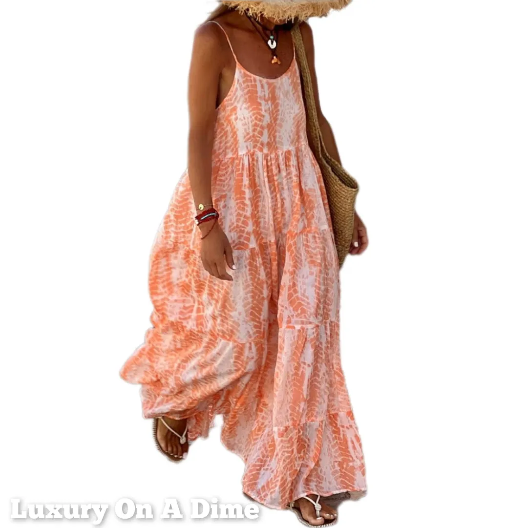 Retro Tie-Dye Sleeveless Spaghetti Strap Tiered Oversized Summer Maxi Dress