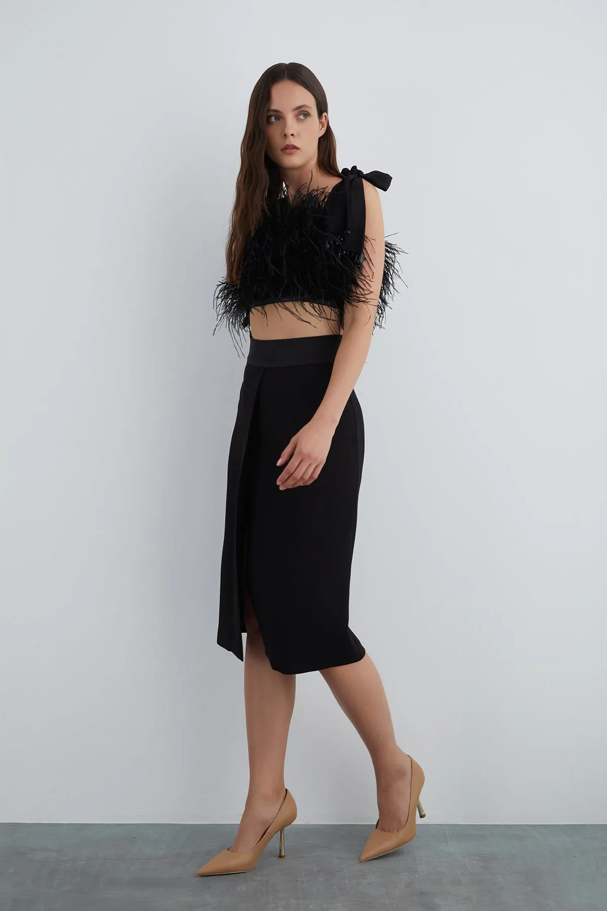 Straight Form Black Skirt with Front Center Slit