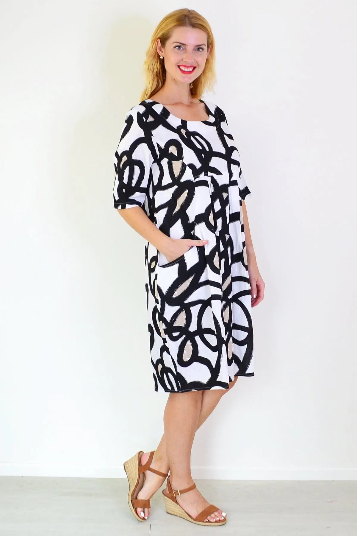 Swirls Print Linen Blend Tunic Dress