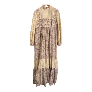 Unbranded Vintage Cotton Long Sleeve Maxi Dress Cream Purple Multi Floral Print UK Size 10-12