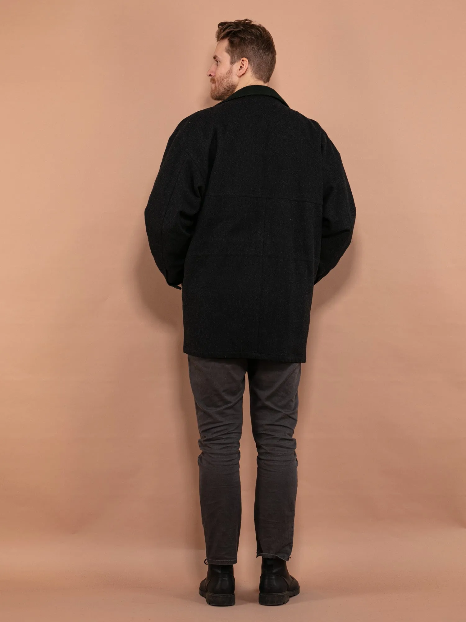 Vintage 80's Men Loden Wool Blend Coat in Dark Gray