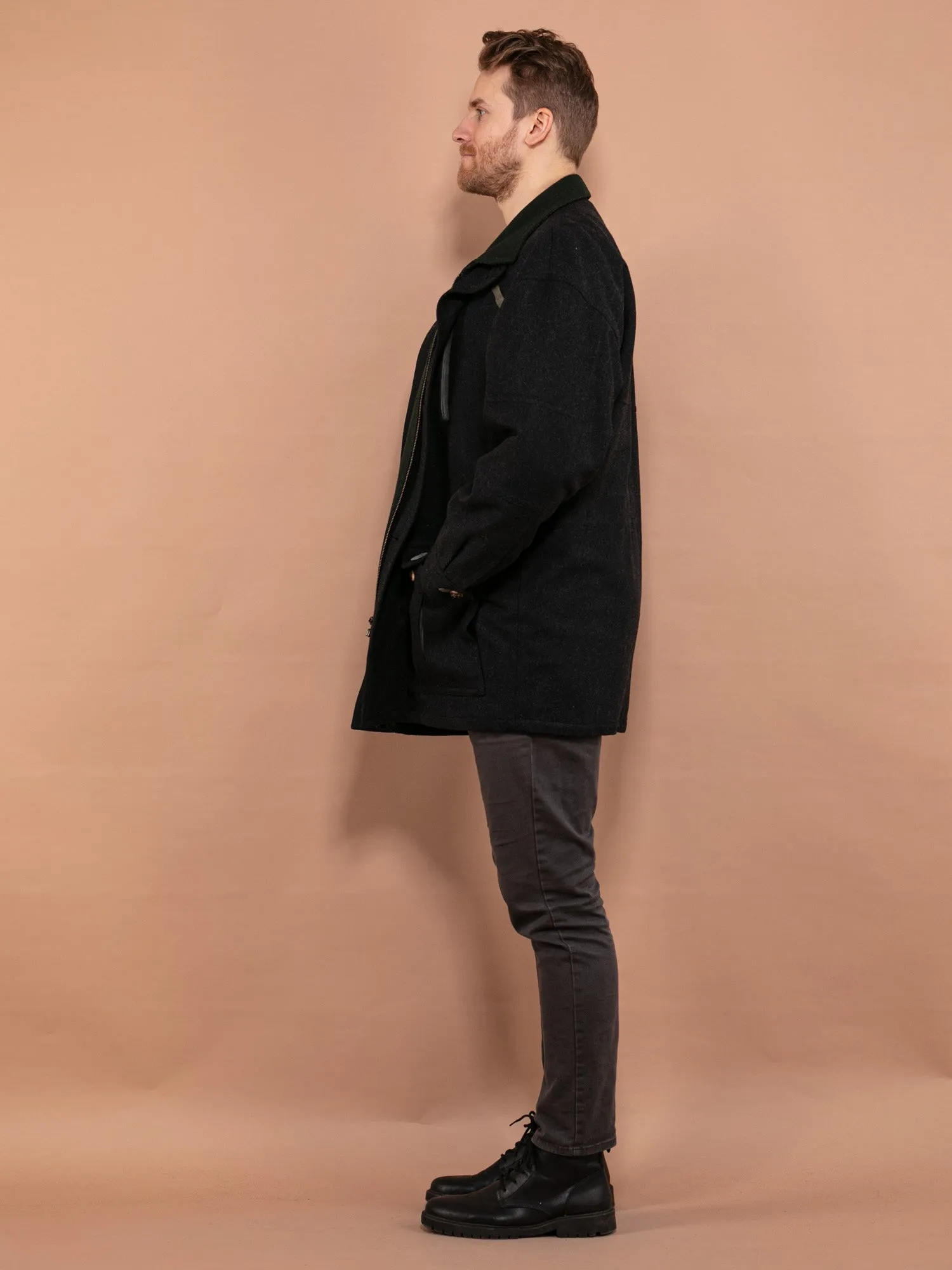 Vintage 80's Men Loden Wool Blend Coat in Dark Gray