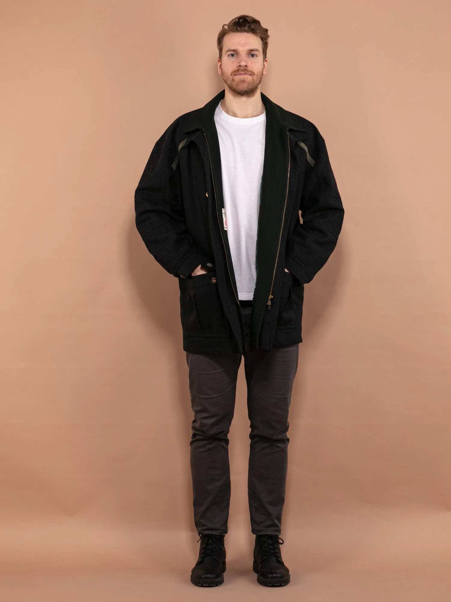 Vintage 80's Men Loden Wool Blend Coat in Dark Gray