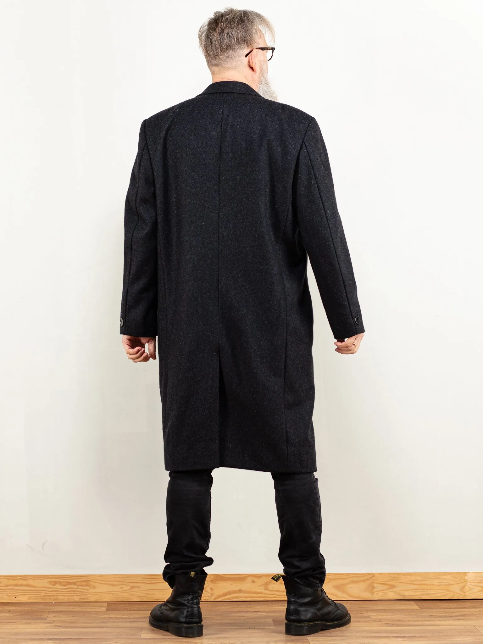 Vintage 80's Men Wool Blend Coat in Dark Grey