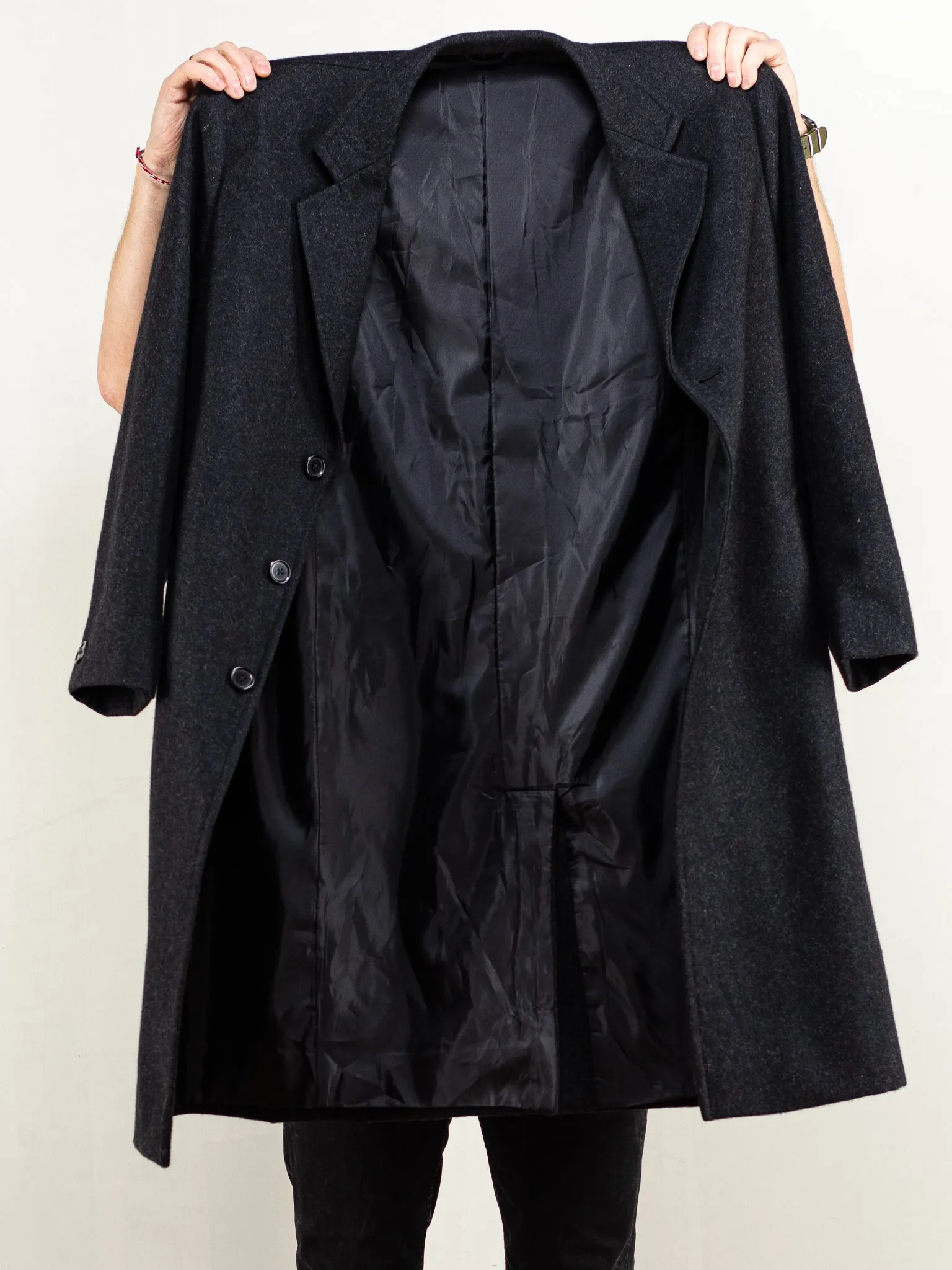 Vintage 80's Men Wool Blend Coat in Dark Grey