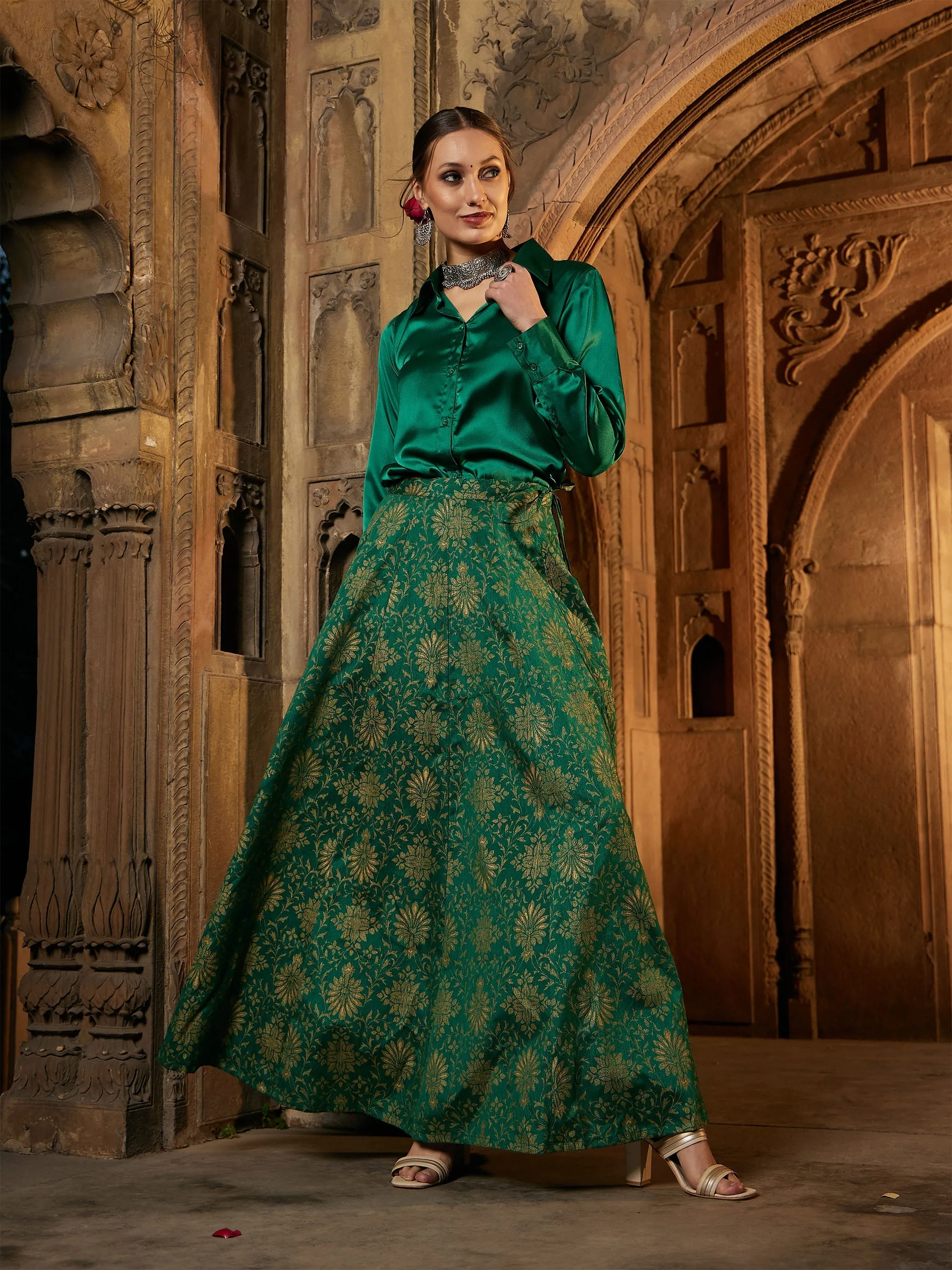 Women Green Brocade Jacquard Anarkali Skirt