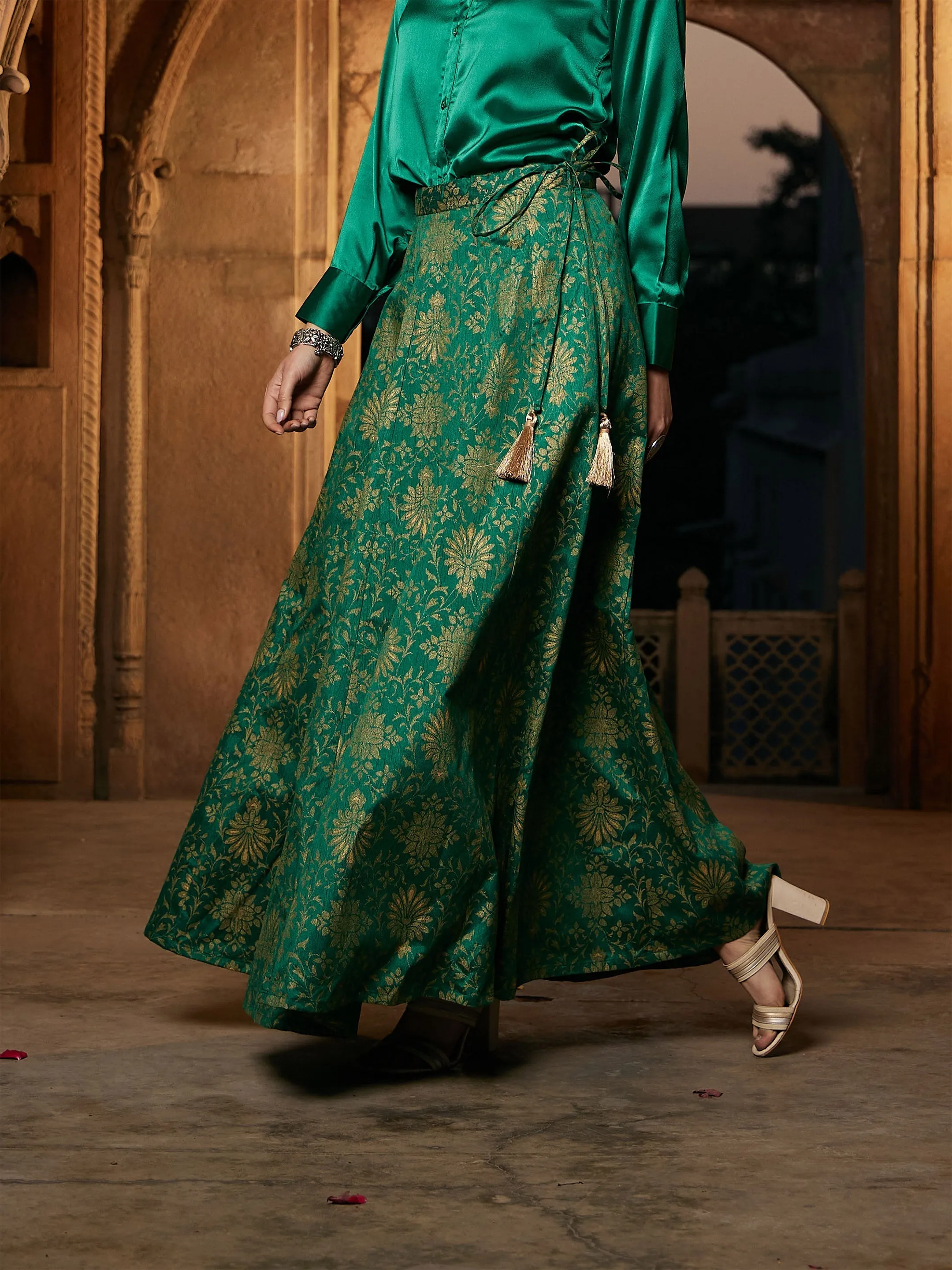 Women Green Brocade Jacquard Anarkali Skirt