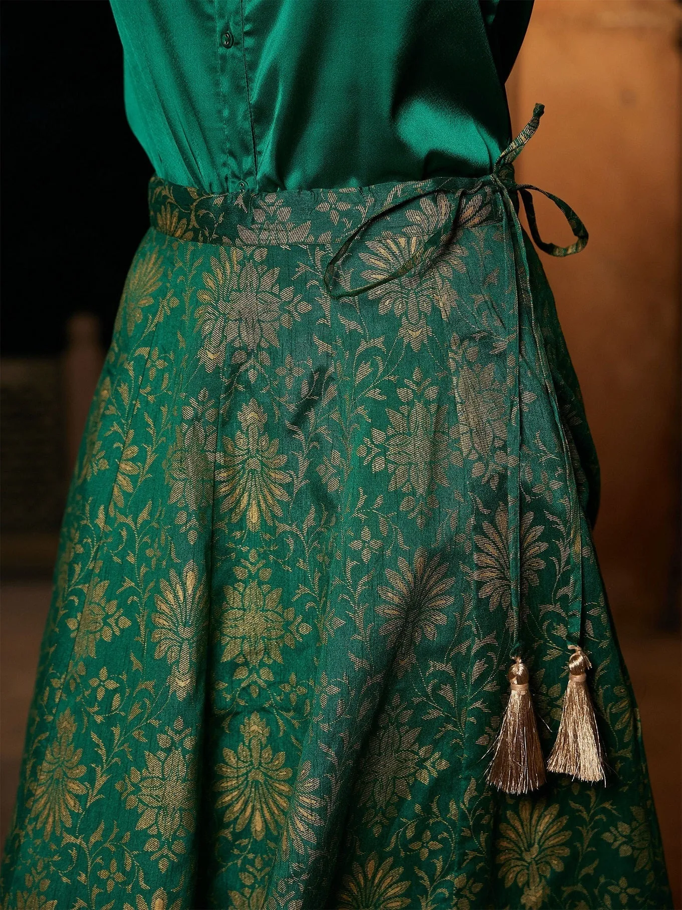 Women Green Brocade Jacquard Anarkali Skirt