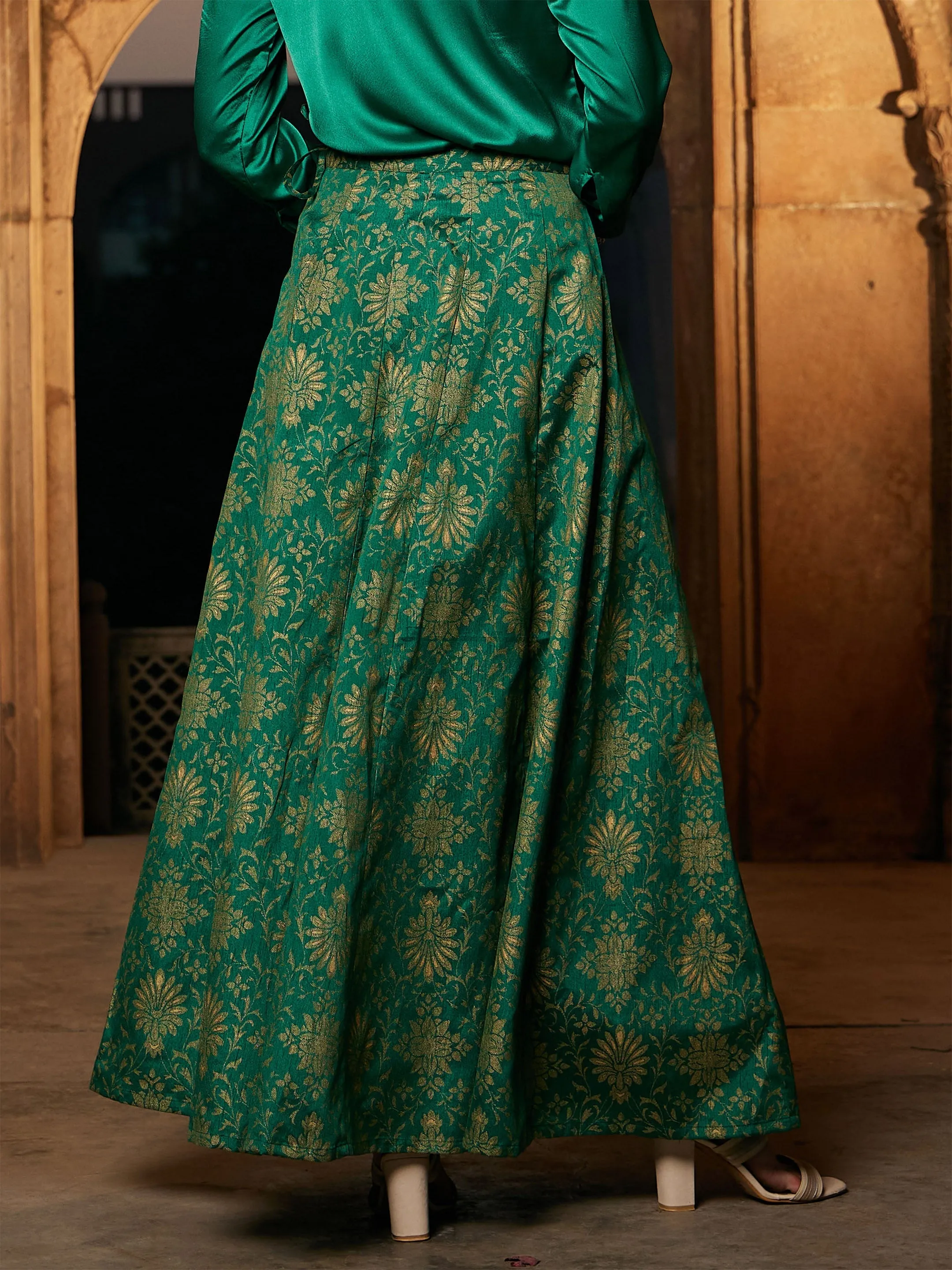 Women Green Brocade Jacquard Anarkali Skirt